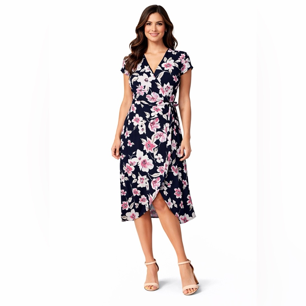 Banana Republic Midi Wrap Dress 12P 12 P Blue Pink Floral Short Sleeve Washable